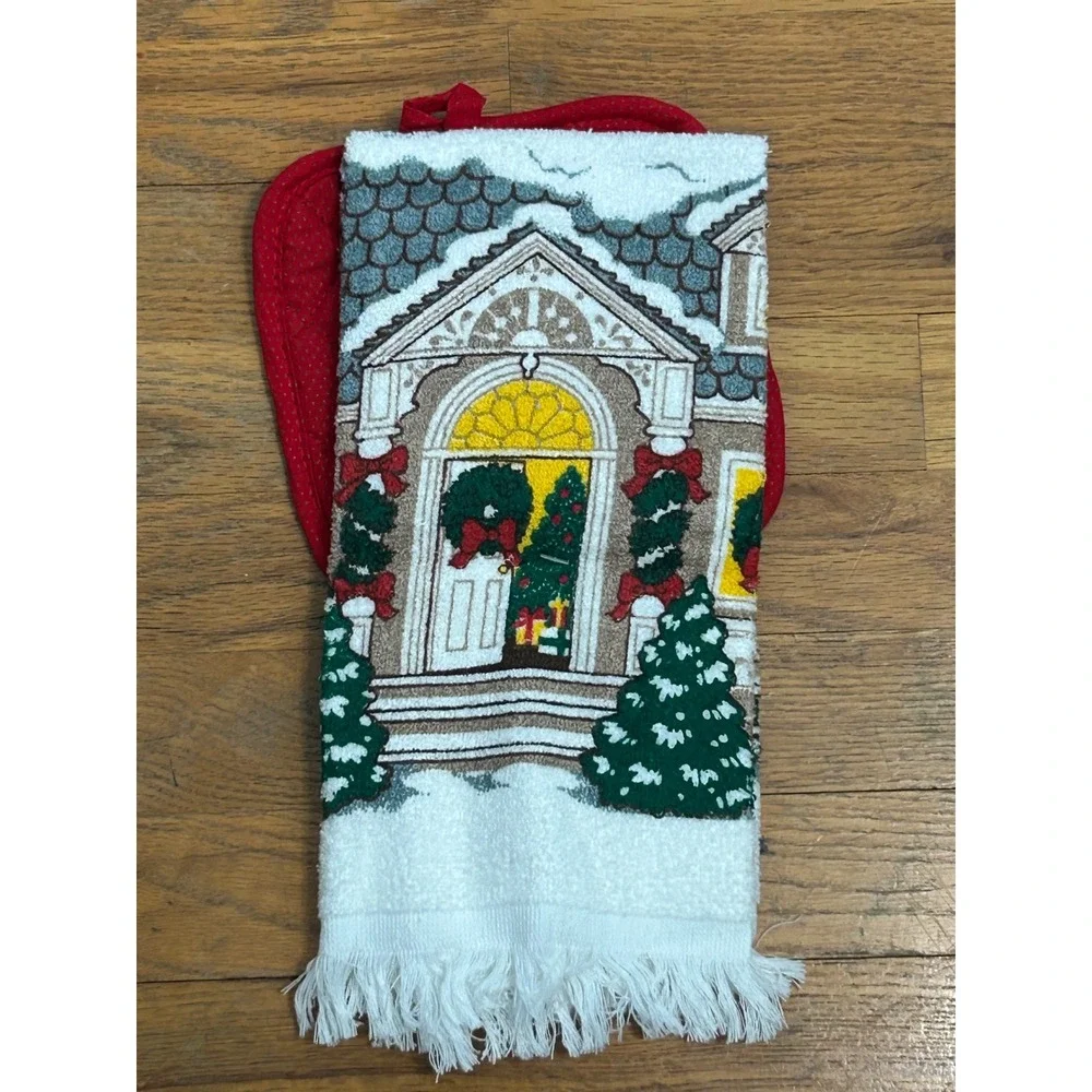Vintage Christmas Kitchen Towel Potholder Set Cannon USA Holiday Cottagecore NOS